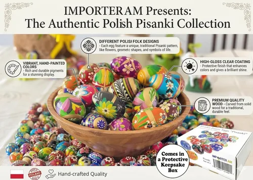 Miniatura 2 de Huevos de madera pintados a mano de Pascua polacos (Pisanki) Huevos decorativos para Pascua, juego de 6 huevos medianos