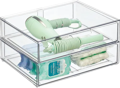 mDesign Contenedor organizador de almacenamiento de baño apilable de plástico ancho con cajón extraíble para gabinete, tocador, estante, armario,