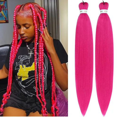 Miniatura 153 de Cabello trenzado preestirado rosa magenta, extensiones de cabello sintético de color rosa para trenzas, no tóxico, hipoalergénico