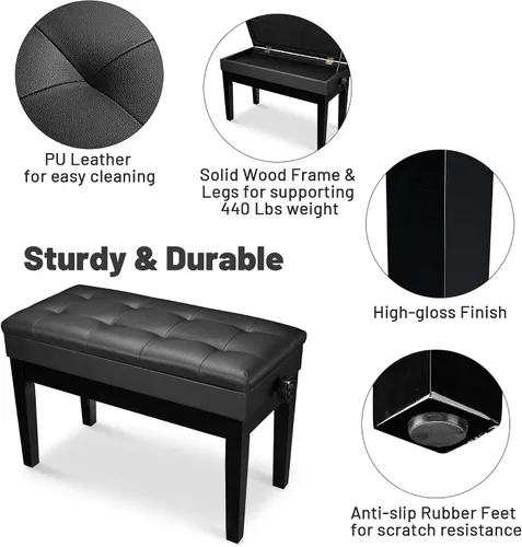 Miniatura 6 de AW Banco de piano dúo con almacenamiento ajustable de madera negra para teclado, asiento cojín de cuero, silla Paino para piano, tienda de música