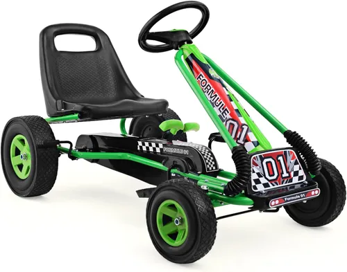 Miniatura 10 de HONEY JOY Go Kart para niños, 4 ruedas con pedal todoterreno cuádruple a pie con volantes y asiento ajustable, 2 frenos de seguridad, neumáticos Rojo