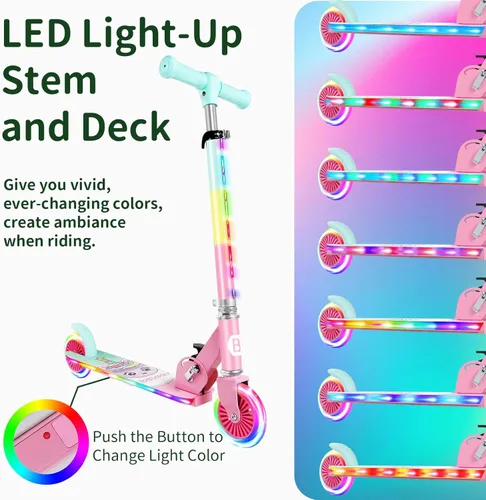 Miniatura 3 de BELEEV V2 - Scooter para niños con ruedas y tallo y plataforma iluminados, scooter plegable de 2 ruedas para niñas y niños, 3 alturas ajustables