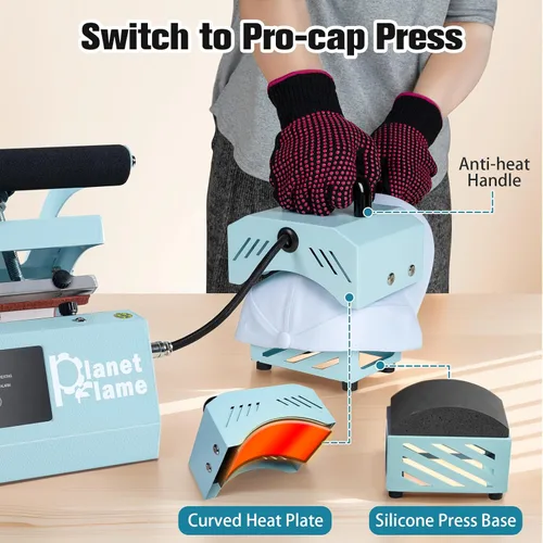 Miniatura 3 de Máquina de Prensa de Calor para Vasos y Gorras PlanetFlame, Máquina Combo 2 en 1 para Tazas y Gorras con Guantes y Cinta Resistente al Calor de Alta