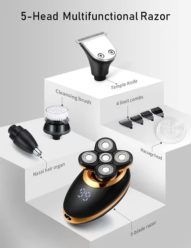 Miniatura 4 de Afeitadoras eléctricas para hombres, afeitadoras 5 en 1 de cabeza calva para hombres, 5D flotante inalámbrica, recargable, portátil, kit de aseo