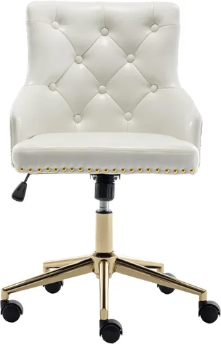BTEXPERT Silla de oficina en casa con base dorada de piel sintética blanca, ajustable, tapizado de uñas dorado, tapicería, dormitorio, estudio,