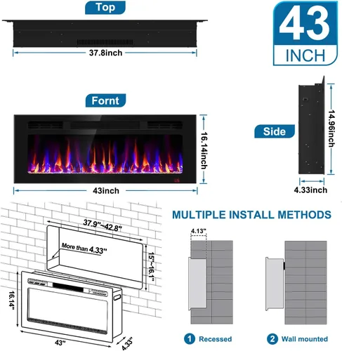 Miniatura 2 de Chimenea eléctrica de 43 pulgadas empotrada y montada en la pared, calentador de chimenea y chimenea lineal, chimenea eléctrica ultrafina, bajo