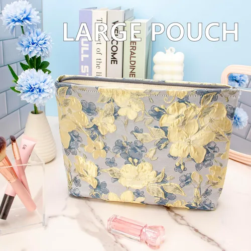 Miniatura 2 de Pazimiik Bolsa de maquillaje floral, grande, de algodón, con cremallera para bolsa de viaje, organizador de maquillaje de lona para mujeres