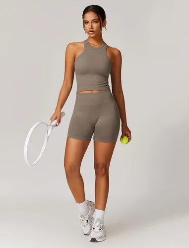 Miniatura 38 de Conjuntos de entrenamiento para mujer, 2 piezas, sin costuras, acanalada, sin mangas, brasier deportivo, cintura alta, pantalones cortos