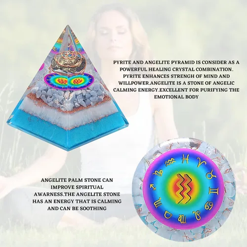 Miniatura 8 de Juego de pirámide de orgón y piedra de palmera de horóscopo, cristal curativo de acuario, signo del zodiaco, hecho de pirita y angelita para calma