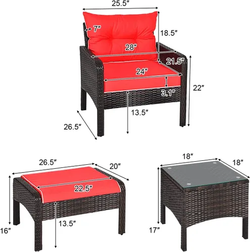 Miniatura 5 de Juego de muebles de mimbre para patio, juego de conversación de mimbre modular para exteriores con 2 otomanas y mesa de centro de vidrio templado