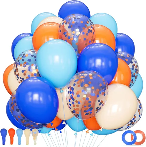Miniatura 21 de Kit de 68 globos azules y blancos de 12 pulgadas, globos de confeti azul con azul claro, azul bebé y perla blanca con cintas para cumpleaños, bodas
