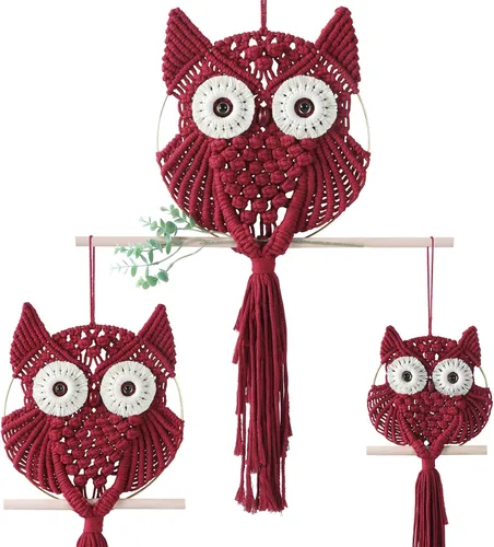 Miniatura 26 de MVSUTA Owl Burgundy Cotton Handmade Macrame Wall Hanging Tapestry Home Decor Art and Red Craft Wonderful Decoration Woven Boho Ornament for Office