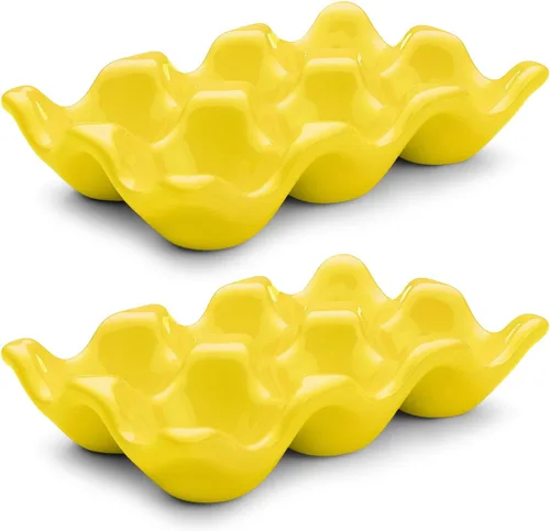 Miniatura 29 de Flexzion Organizador de huevos cerámico para nevera - Bandeja de huevos de 6 tazas, contenedor de porcelana para media docena, organizador de Gris