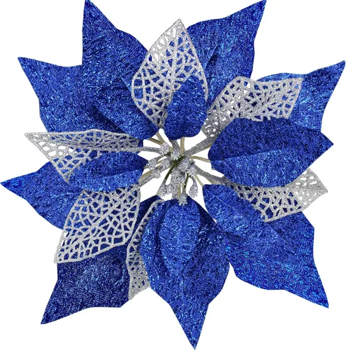 Juego de 14 flores de Pascua de 8.7 pulgadas de ancho, 4 capas de flores de pascua con purpurina azul para árbol de Navidad, coronas, guirnaldas,