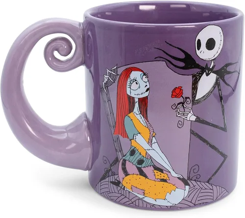 Nightmare Before Christmas Disney The Jack & Sally - Taza de cerámica con mango en espiral, sin BPA, para bebidas, artículos esenciales para el