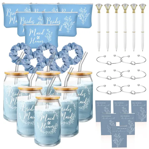 Irenare Juego de 36 Piezas de Regalos de Propuesta de Dama de Honor Set de 6 ¿Serás Mi Dama de Honor? Taza de Vidrio de 16 oz Bolsas de Cosméticos