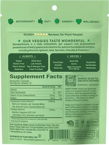 Miniatura 10 de Plant People WonderGreens Veggie Gummies Super Greens con probióticos Multivitamínico Apoyo Gomitas para el bienestar, la energía, la salud