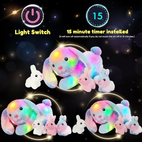 Miniatura 4 de Hopearl Conejo de peluche LED con luces, juguete de peluche con mamá y 3 bebés en su barriga, nana animada, calmante para mamá, niños pequeños