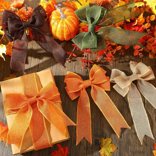 Miniatura 3 de 8 rollos de cinta de arpillera de otoño de Acción de Gracias de 44 yardas de cinta de arpillera de 2.4 pulgadas con borde con alambre para envolver
