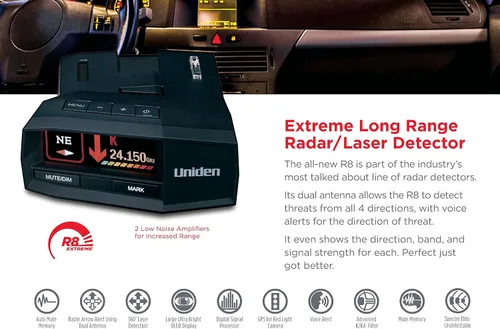 Miniatura 5 de UNIDEN R8 Extreme - Detector láser de radar de largo alcance, doble antenas frontal y trasera con flechas direccionales, GPS integrado con alertas