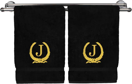 Miniatura 156 de Toalla de mano con monograma, regalo personalizado, 16 x 30 pulgadas, diseño de corona dorada bordada con letra blanca en toalla negra, extra