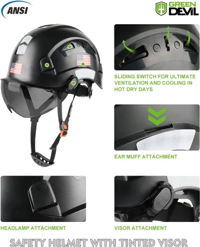 Miniatura 3 de GREEN DEVIL Casco de Seguridad Casco Duro con Visera Correa de Barbilla Ajustable Ligero Ventilado ABS Casco de Trabajo para Hombres y Mujeres Negro