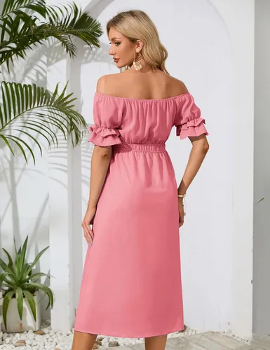 Miniatura 6 de KOJOOIN Vestido de maternidad de manga corta con hombros descubiertos para mujer, vestido de verano casual con volantes, vestido midi fluido