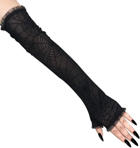 Miniatura 3 de Soochat Guantes sin dedos de encaje de telaraña de Halloween, Negro