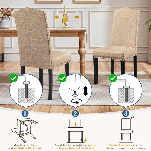 Miniatura 8 de Yaheetech Juego de 4 sillas de comedor tapizadas de tela moderna con patas de madera maciza y adornos de cabeza de clavo para cocina, sala de estar