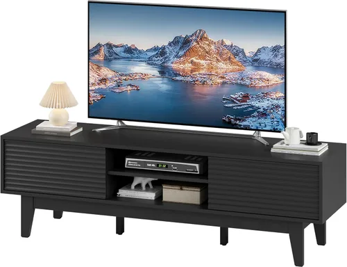 Miniatura 7 de Soporte de TV estriado para TV de 55 y 65 pulgadas, centro de entretenimiento moderno de mediados de siglo con estantes, gabinetes y puertas