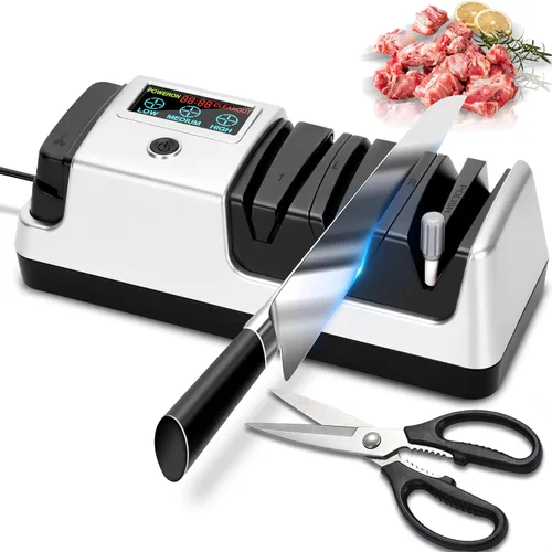 Afilador de cuchillos eléctrico 5 en 1 para cuchillos de cocina, 3 velocidades ajustables, afilador de cuchillos 100% diamante para cuchillos