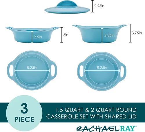 Miniatura 2 de Rachael Ray Solid Glaze Ceramics - Juego de utensilios para hornear/panadería con tapa compartida, 3 piezas, azul agave