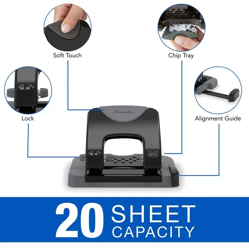 Miniatura 2 de Swingline Perforadora de 2 agujeros, SmartTouch con guía de borde, capacidad de perforación de 20 hojas, requiere poca fuerza, negro/gris, paquete