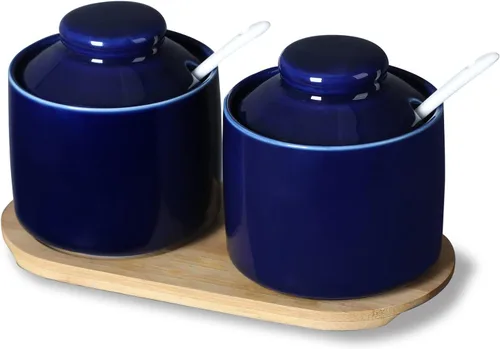 Miniatura 9 de ONTUBE Azucarero de cerámica con tapa y cuchara, juego de 2, caja de condimentos de porcelana con bandeja, 8 onzas (negro)