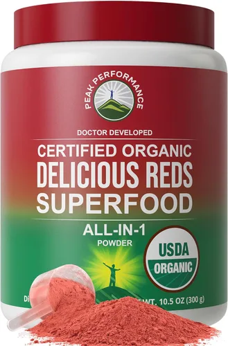 Polvo de superalimento rojos orgánicos de Peak Performance, el mejor sabor de jugo rojo orgánico con más de 25 ingredientes naturales y polifenoles,