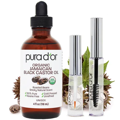 PURA D'OR 4 Oz Aceite de Ricino Negro Jamaicano Orgánico - Aroma Natural Ahumado - Con 2 Cepillos Vacíos de REGALO - 100% Puro Certificado por el