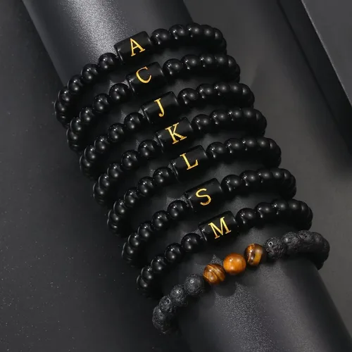 Miniatura 7 de STORUP Pulsera de regalo para hombres Pulsera de cuentas de piedra de lava de ojo de tigre de 0.315 in para hombre, enlace inicial, hecha a mano