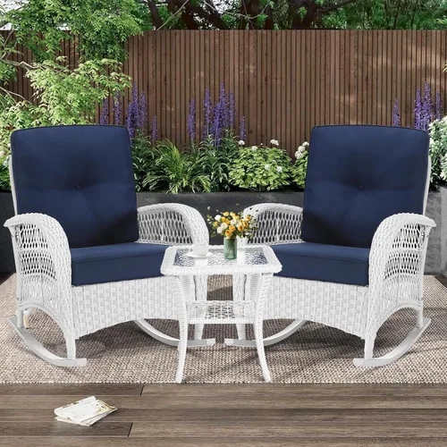 Miniatura 37 de MEETWARM Mecedora de mimbre para exteriores, sillas mecedoras de ratán para patio con cojines y respaldo alto, silla de mimbre para patio para todo