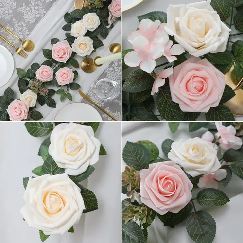 Miniatura 6 de Senseya Guirnalda de flores de rosas artificiales de 5 pies, vid floral falsa rosa rubor con hojas de rosa, guirnalda de flores rústicas para telón