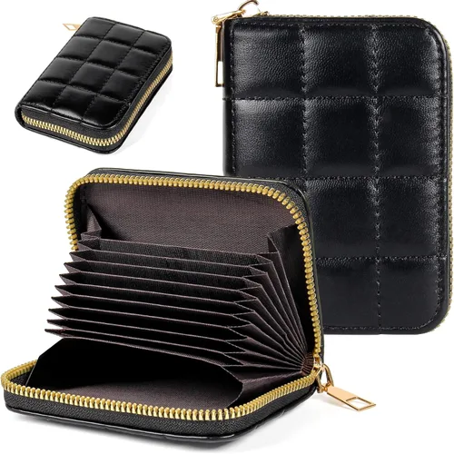 Miniatura 27 de Tarjetero RFID para tarjetas de crédito, cartera pequeña con cremallera de acordeón, estuche organizador de tarjetas para mujeres y hombres