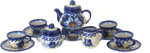 Blue Rose Polish Pottery - Juego de té en miniatura Blue Daisy Surprise, 1 juego, juego de té coleccionable de cerámica polaca con tetera y tazas,
