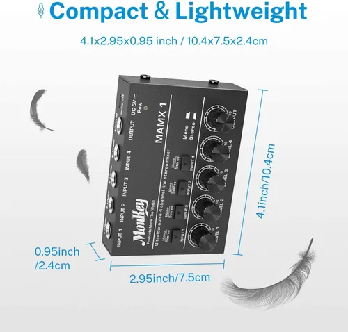 Miniatura 8 de Moukey Mini Mezclador de Audio, DC 5V, 4 Estéreo Ultra, Mezclador de Línea de 4 Canales de Bajo Ruido para Sub-Mezcla, para Pequeños Clubes o Bares