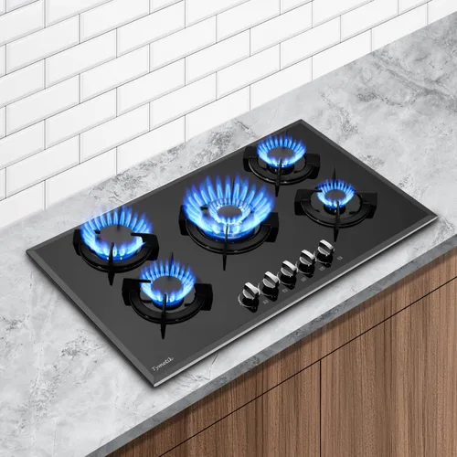 Miniatura 5 de Placa de gas de 36 pulgadas, estufa de gas de vidrio templado integrada, 5 quemadores de alta eficiencia, estufa de gas convertible de propano/gas