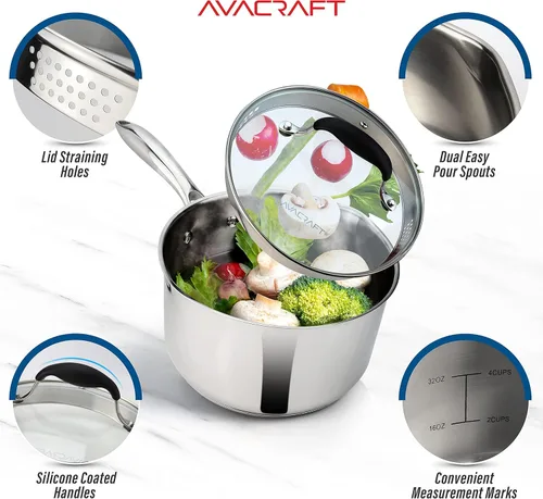 Miniatura 4 de AVACRAFT Cacerola de acero inoxidable con tapa de filtro de vidrio, dos boquillas laterales para verter fácilmente con mango ergonómico, olla