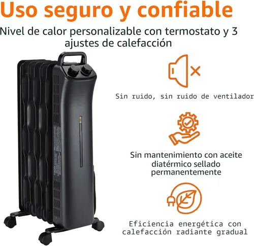 Miniatura 2 de Amazon Basics Radiador portátil con 7 aletas onduladas, control manual, negro, 1500 W, 13.1 x 26.3 x 9.8 pulgadas