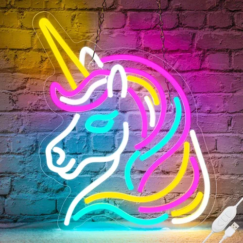 Basaneon Letrero de neón de unicornio para decoración de pared, luces de neón de unicornio coloridas regulables para habitación de niñas, letreros
