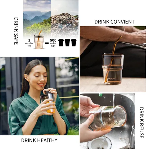 Miniatura 5 de BLUEPOLAR - Vaso de agua de vidrio de 13 oz/400 ml con popote y tapa, de pared gruesa, taza de café helado portátil sellada, vaso de vidrio