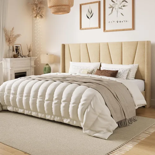 Miniatura 3 de SHA CERLIN Base de cama tamaño King con cabecera geométrica con respaldo de ala, cama de plataforma tapizada con espacio debajo de la cama de 8 Beige