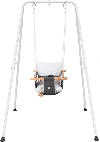Columpio para bebé con soporte, juego de columpios para bebé, juego de columpios para interiores y exteriores con asiento acolchado de lona (gris)