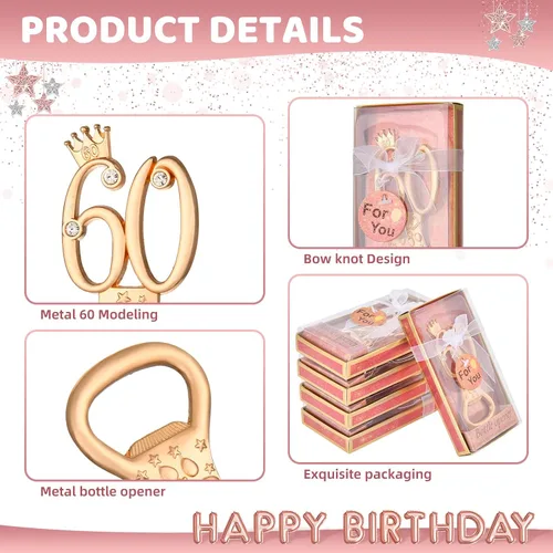 Miniatura 3 de 24 cajas de abrebotellas de cumpleaños número 60 con temática de oro rosa, favorecidas para regalos de fiesta de boda dorada número 60, recuerdos